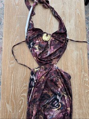 Plum Abstract Print Halter Maxi Dress with Gold Accent